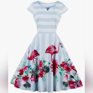 Vintage inspired white & blue striped dress w/ pink flamingos print